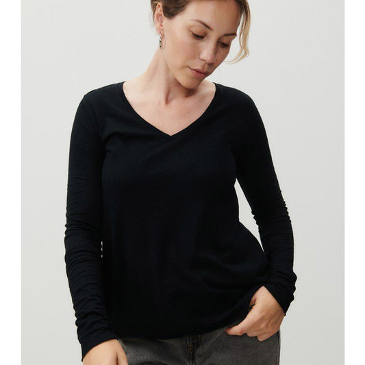 American Vintage Jacksonville V-Neck Long Sleeve Tee - Black Noir - Collector Store Sydney