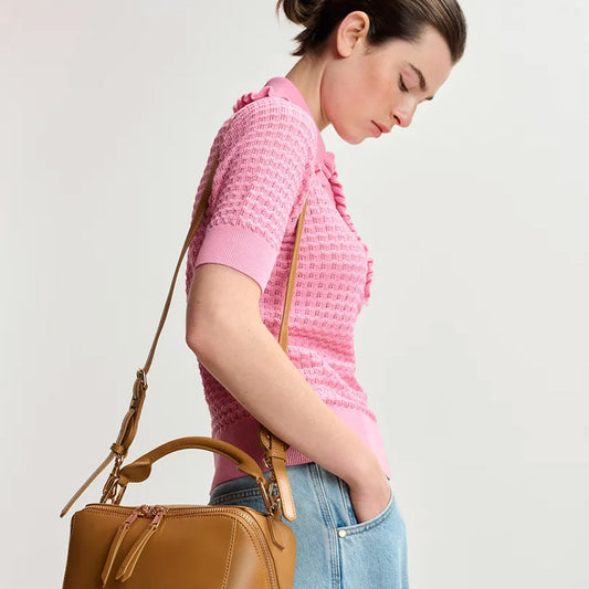 Essentiel Antwerp | HEMIRATES Light pink polo with ruffles and rhinestone-embellished buttons - Collector Store