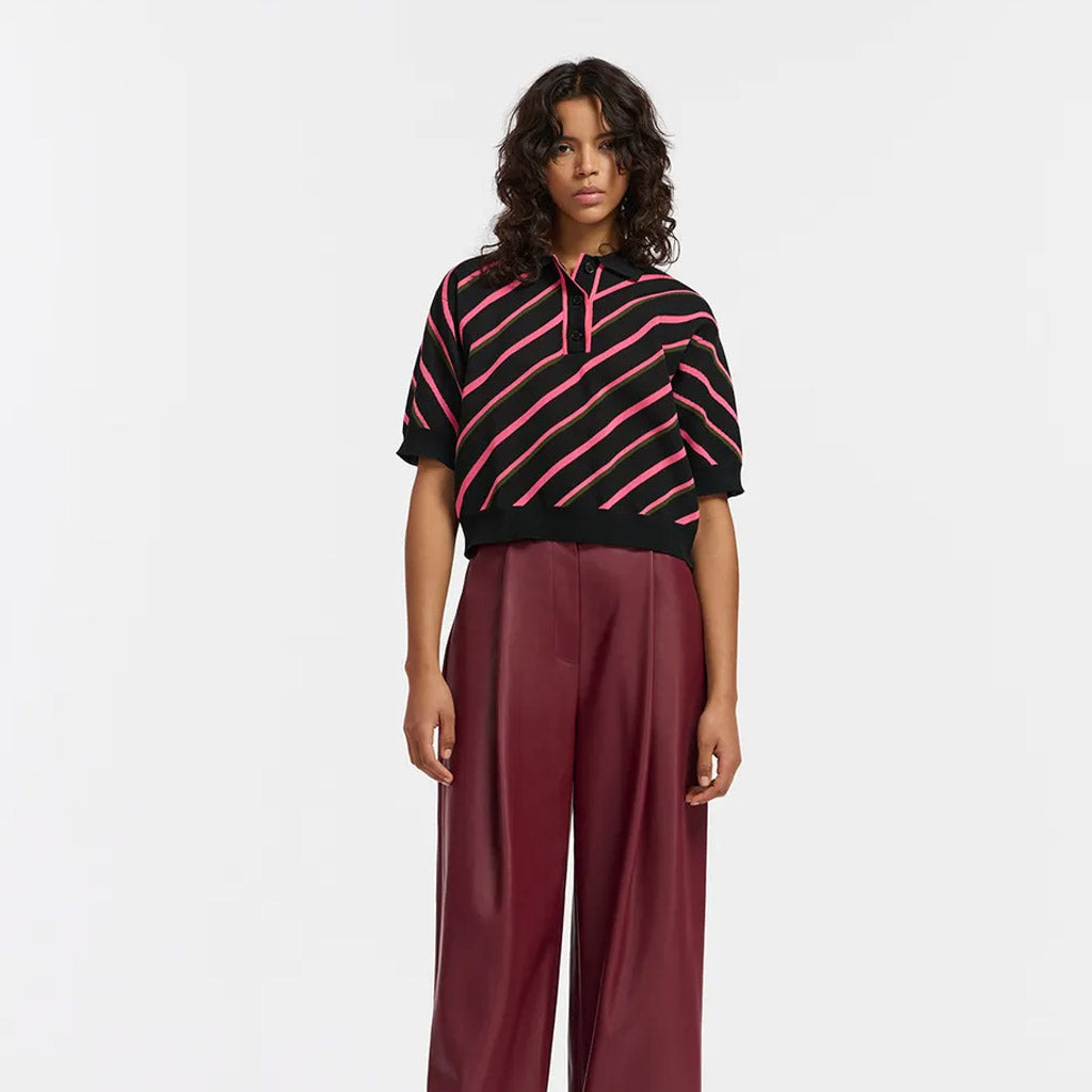 Essentiel Antwerp | Farfalia - Black, neon pink and khaki striped knitted polo top - Collector Store