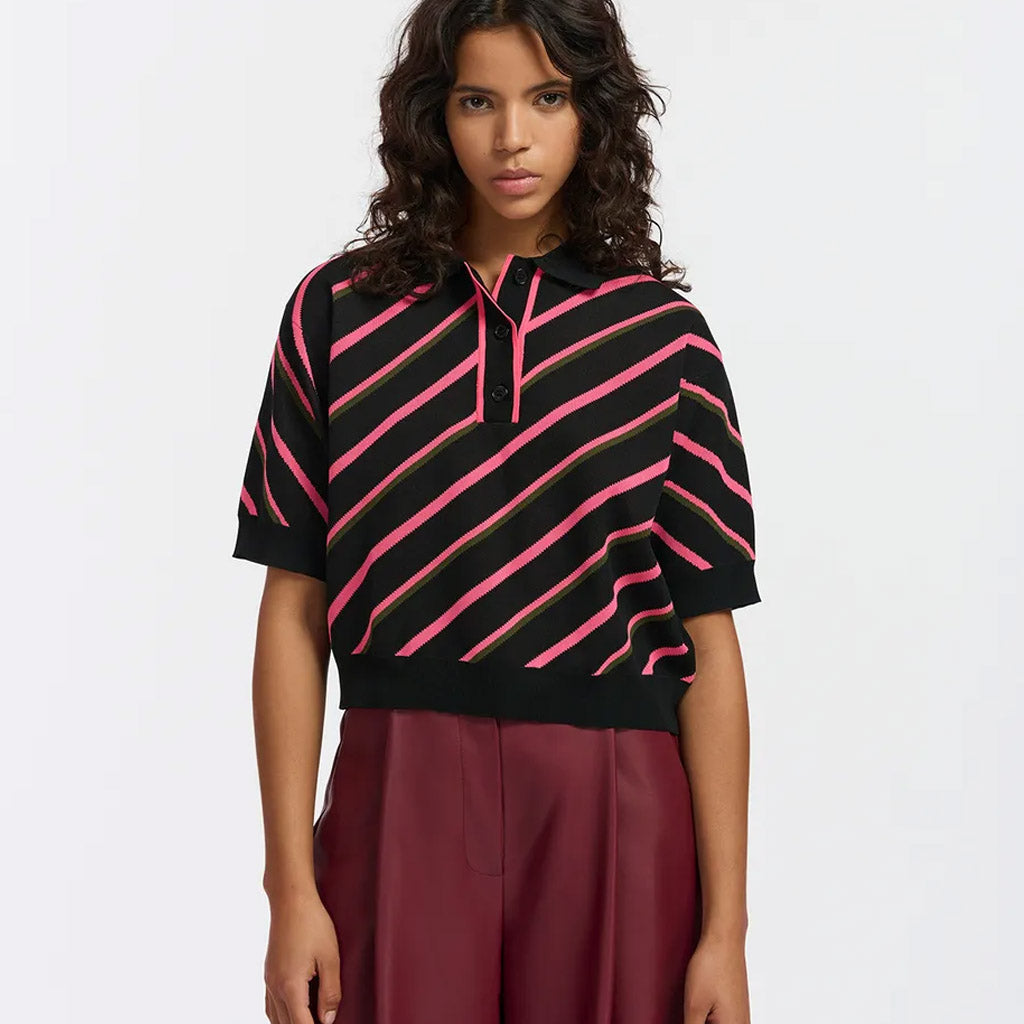 Essentiel Antwerp | Farfalia - Black, neon pink and khaki striped knitted polo top - Collector Store