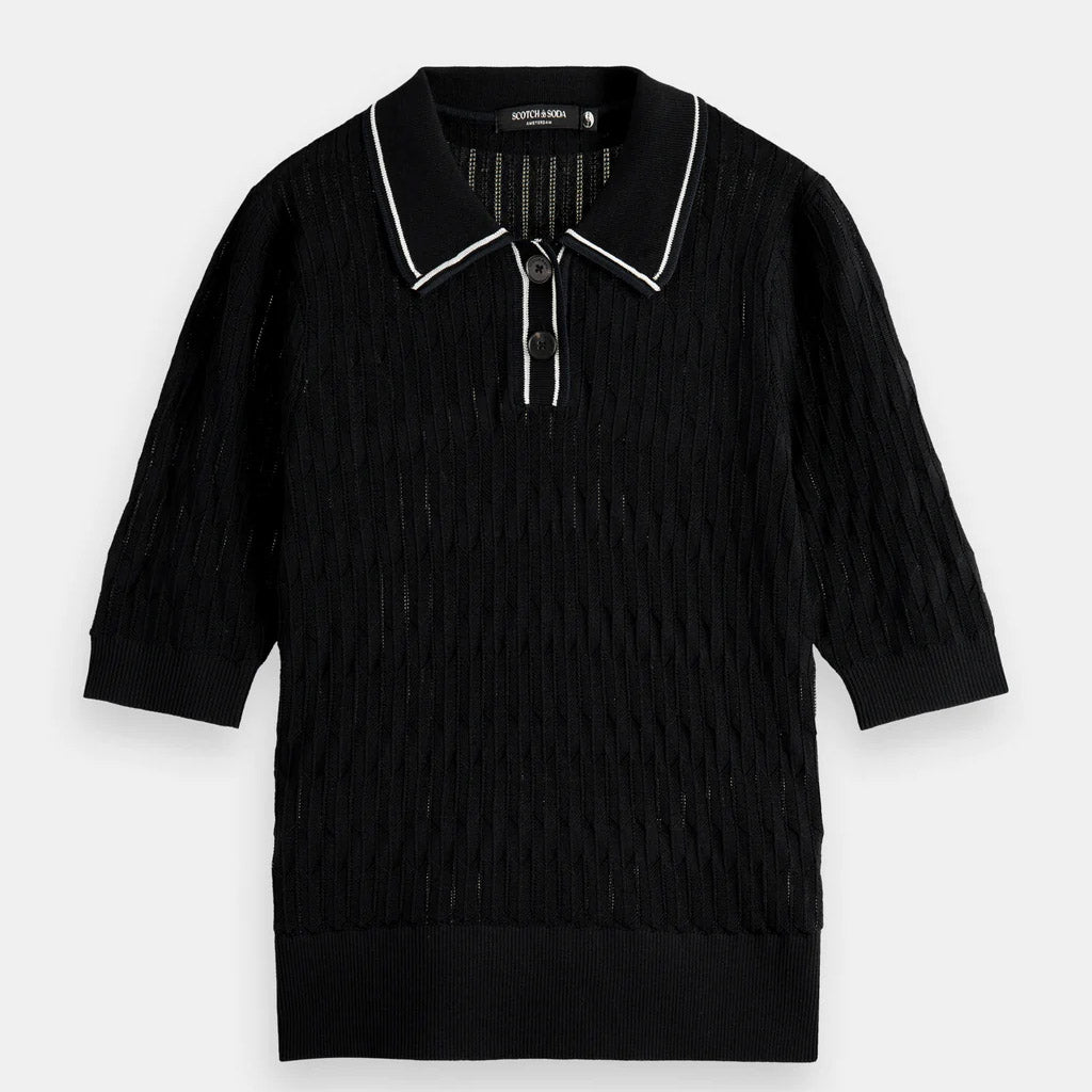 Scotch & Soda : Pointelle collared knitted polo shirt : Black - Collector Store
