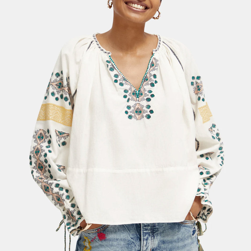 Scotch & Soda : Embroidered linen-blend blouse : Ecru - Collector Store