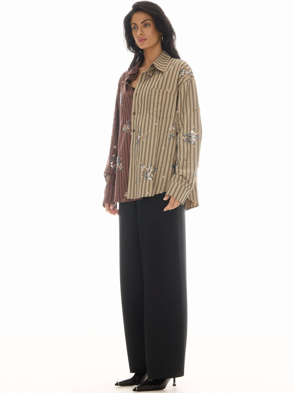 Tales : Embellished Half N Half Stripe Shirt