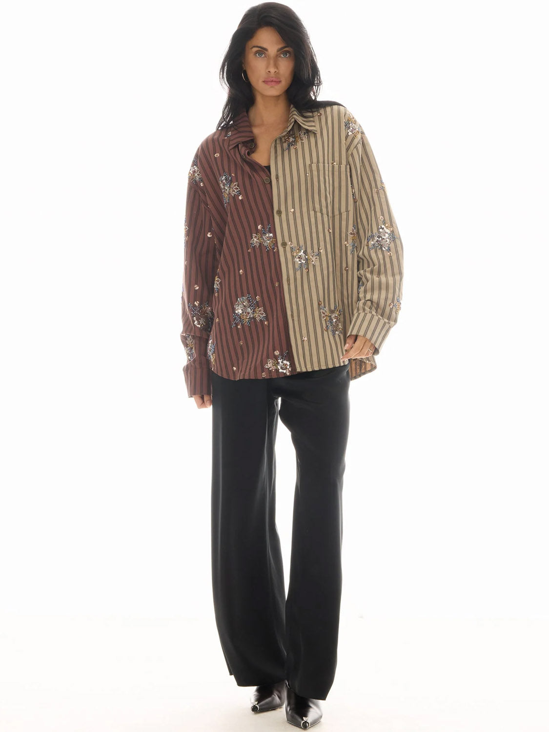 Tales : Embellished Half N Half Stripe Shirt