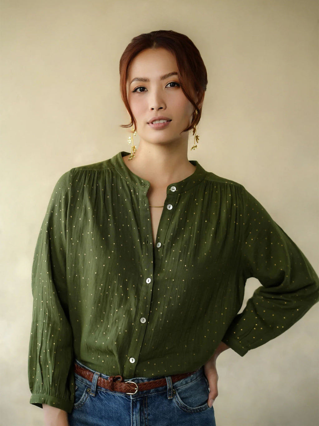 Marie Louise De Monterey - Ines Blouse - Gold Dots Khaki - Collector Store Sydney