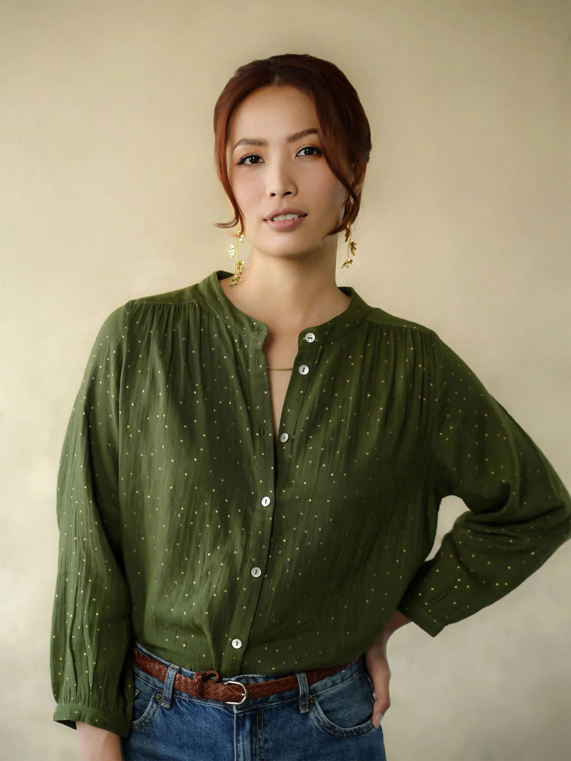 Marie Louise De Monterey - Ines Blouse - Gold Dots Khaki - Collector Store Sydney