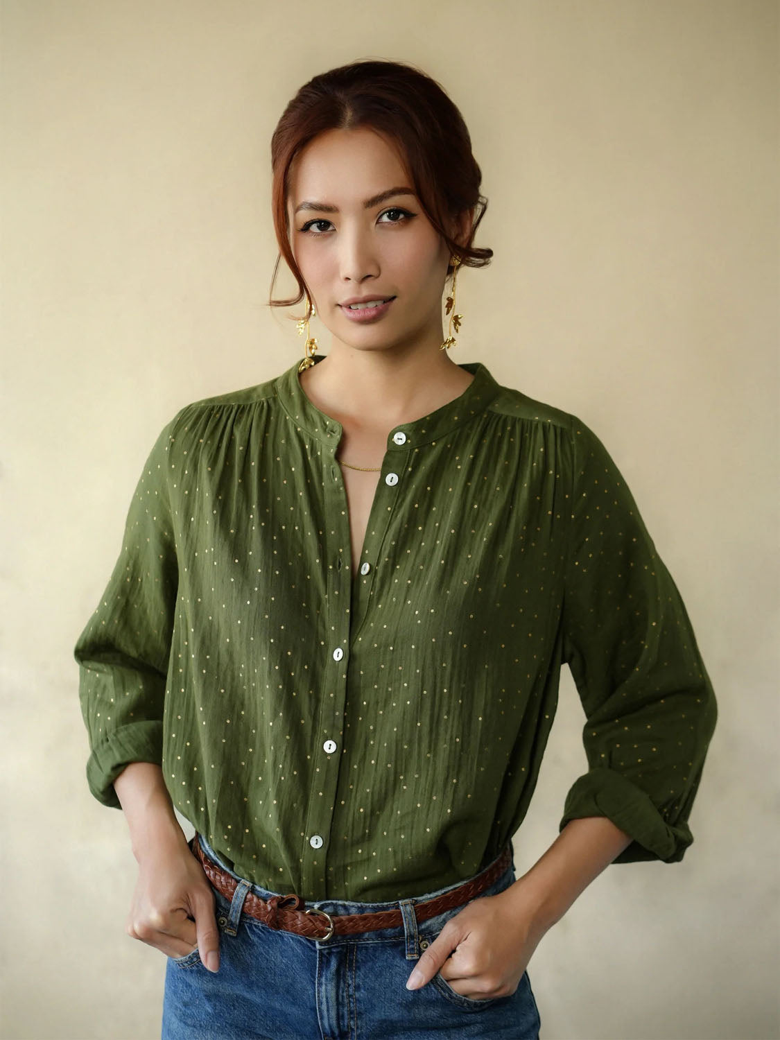 Marie Louise De Monterey - Ines Blouse - Gold Dots Khaki - Collector Store Sydney