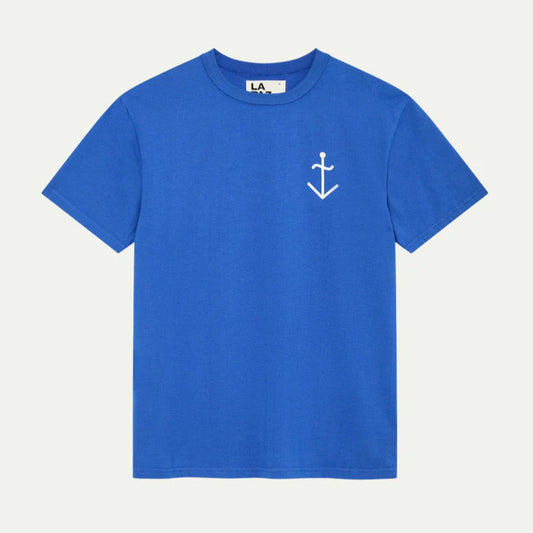 Blue t-shirt with a white anchor logo on a white background
