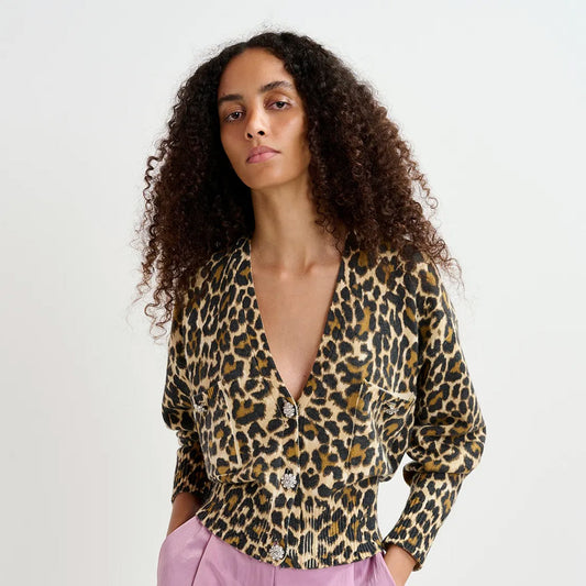 Essentiel Antwerp | Generalite Brown leopard jacquard-knitted V-neck cardigan - Collector Store