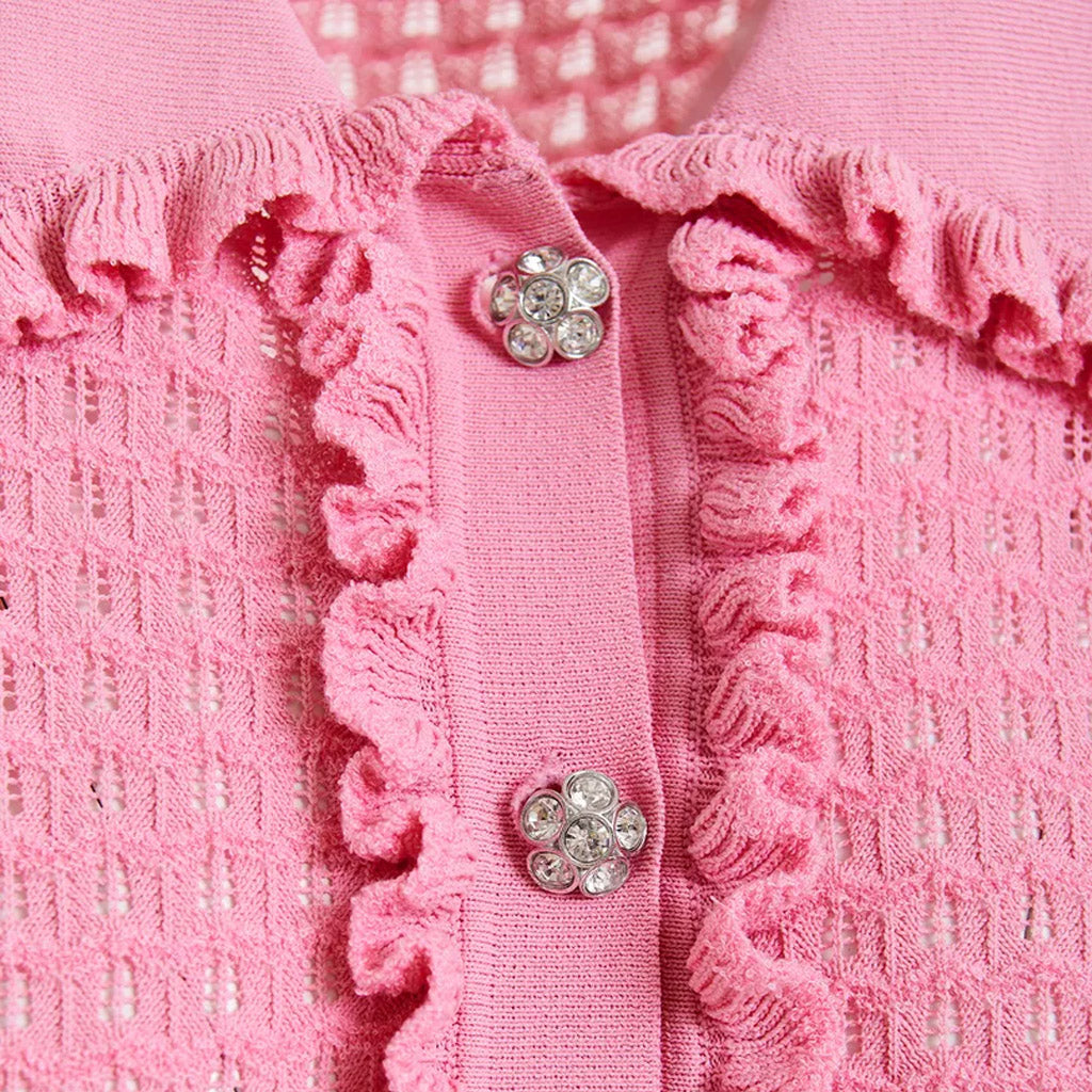 Essentiel Antwerp | HEMIRATES Light pink polo with ruffles and rhinestone-embellished buttons - Collector Store