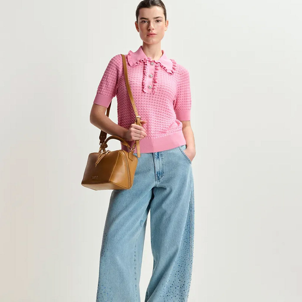 Essentiel Antwerp | HEMIRATES Light pink polo with ruffles and rhinestone-embellished buttons - Collector Store