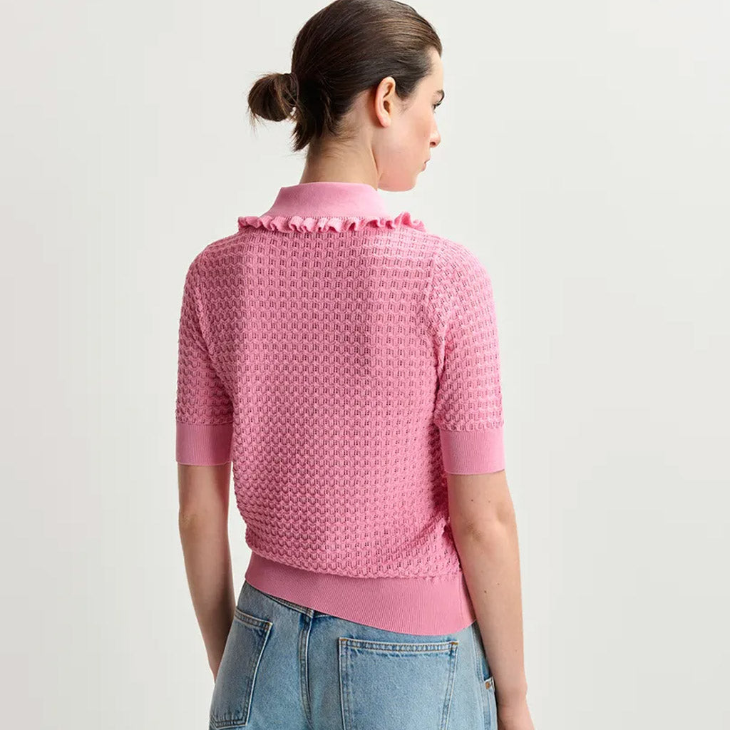 Essentiel Antwerp | HEMIRATES Light pink polo with ruffles and rhinestone-embellished buttons - Collector Store