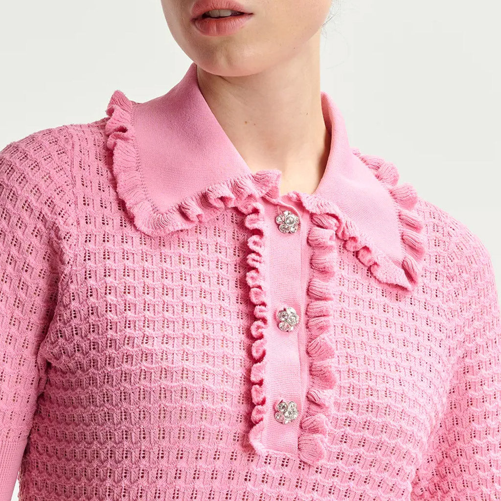 Essentiel Antwerp | HEMIRATES Light pink polo with ruffles and rhinestone-embellished buttons - Collector Store