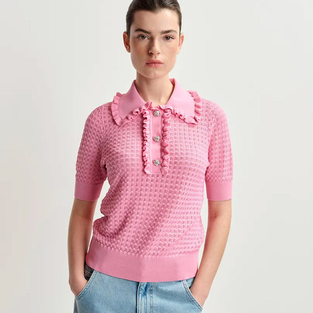 Essentiel Antwerp | HEMIRATES Light pink polo with ruffles and rhinestone-embellished buttons - Collector Store