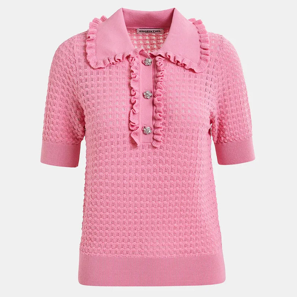Essentiel Antwerp | HEMIRATES Light pink polo with ruffles and rhinestone-embellished buttons - Collector Store