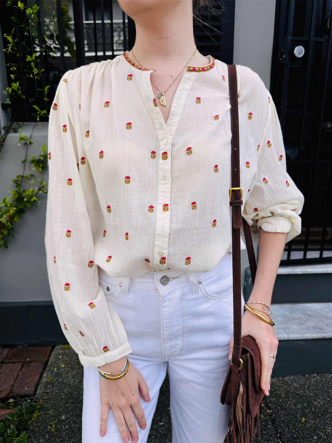 Embroidered Floral Voile Blouse - Ecru - Collector Store Sydney