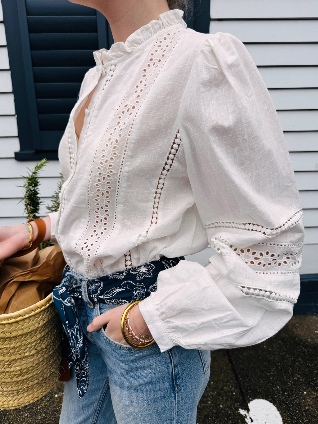 White Broderie Panel Blouse - Collector Store Sydney