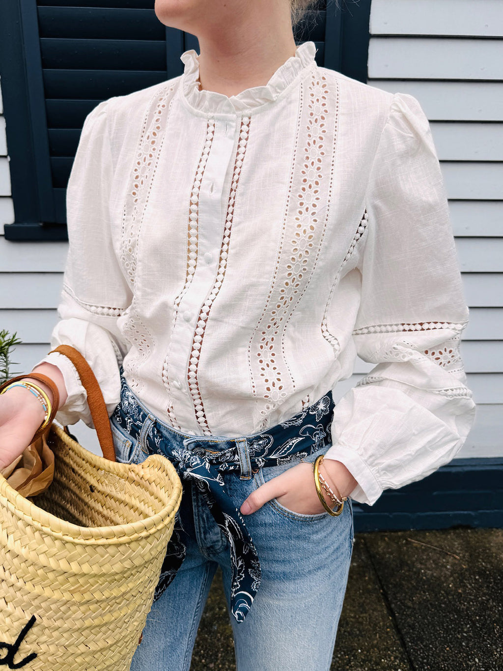 White Broderie Panel Blouse - Collector Store Sydney