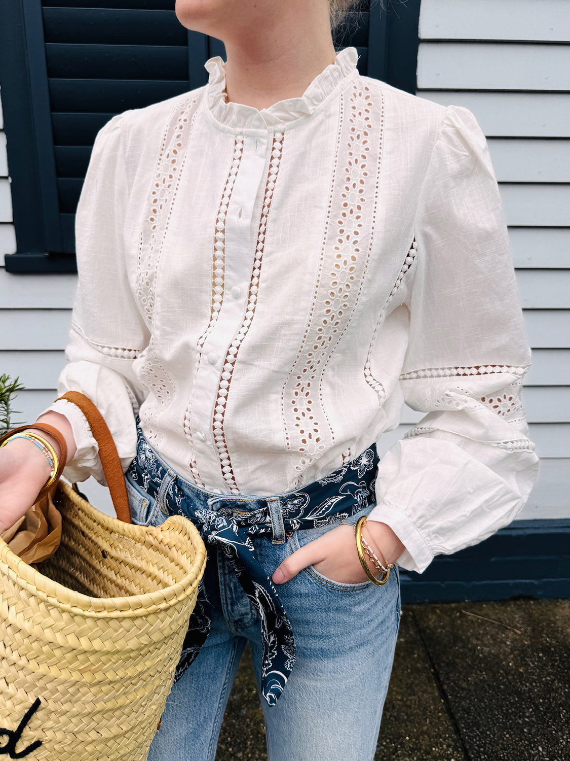 White Broderie Panel Blouse - Collector Store Sydney
