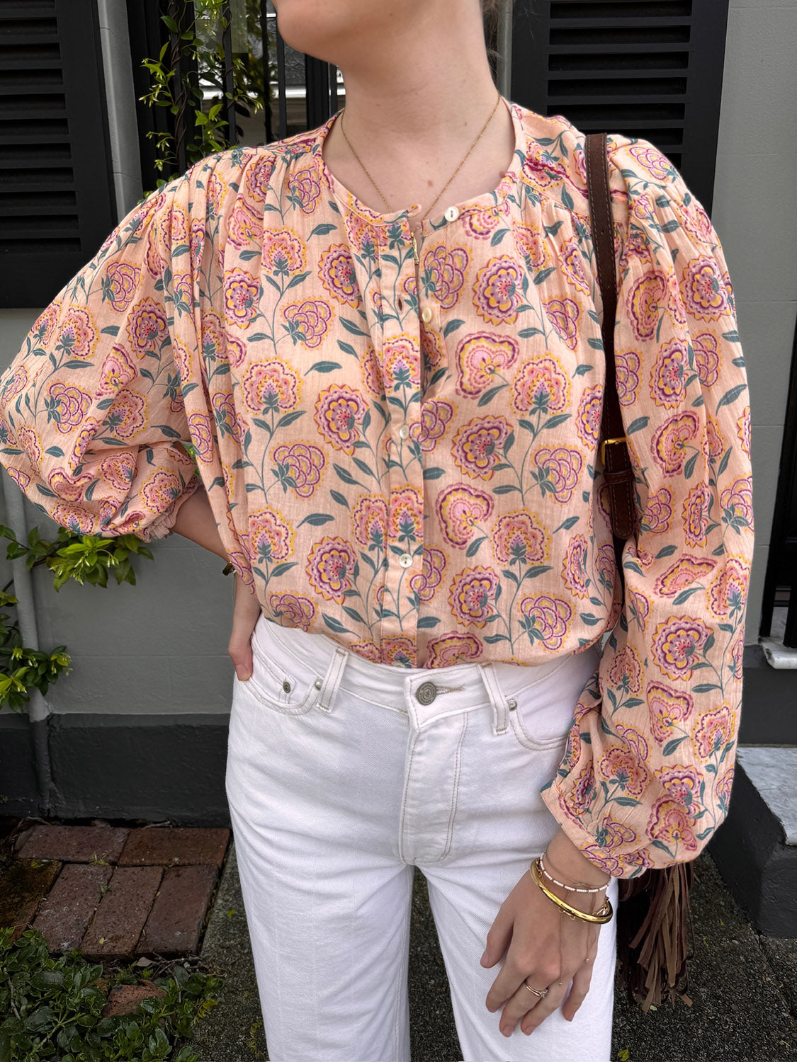 Blush Floral Balloon Sleeve Blouse