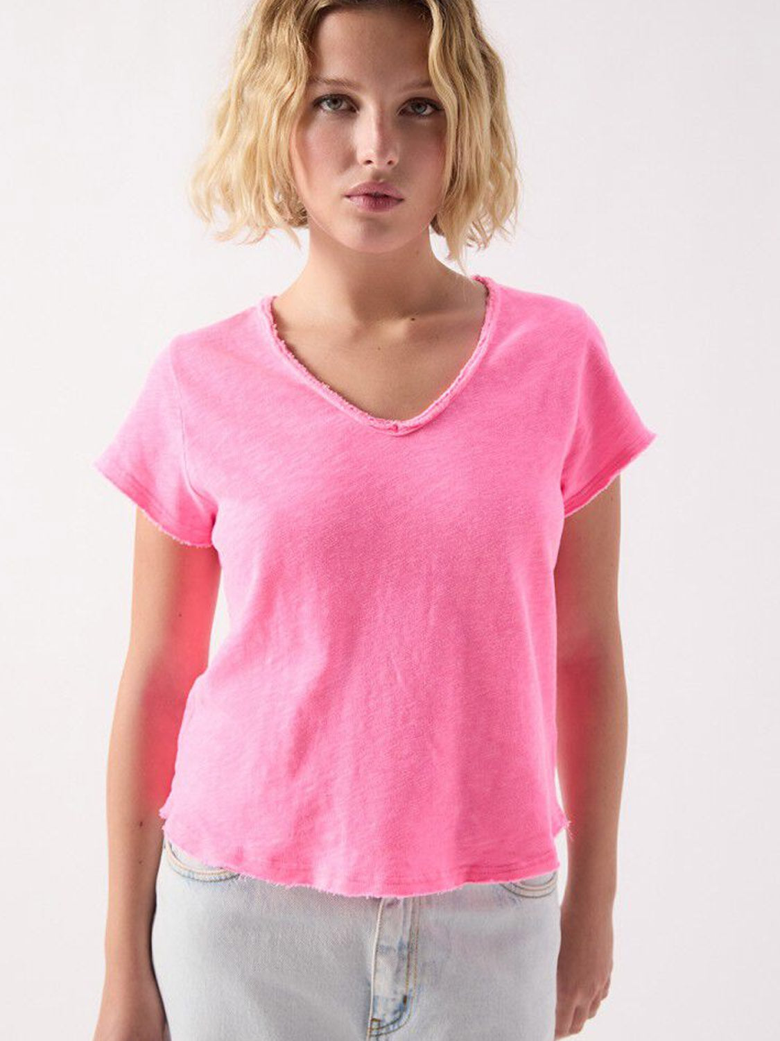 American Vintage Cotton V Neck Tee -Sonoma -  FLURO Acid Pink