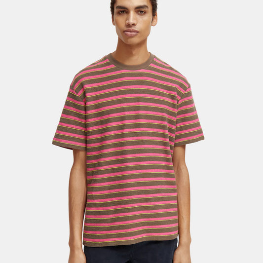 Scotch & Soda : Relaxed-fit striped t-shirt : Brown Pink - Collector Store