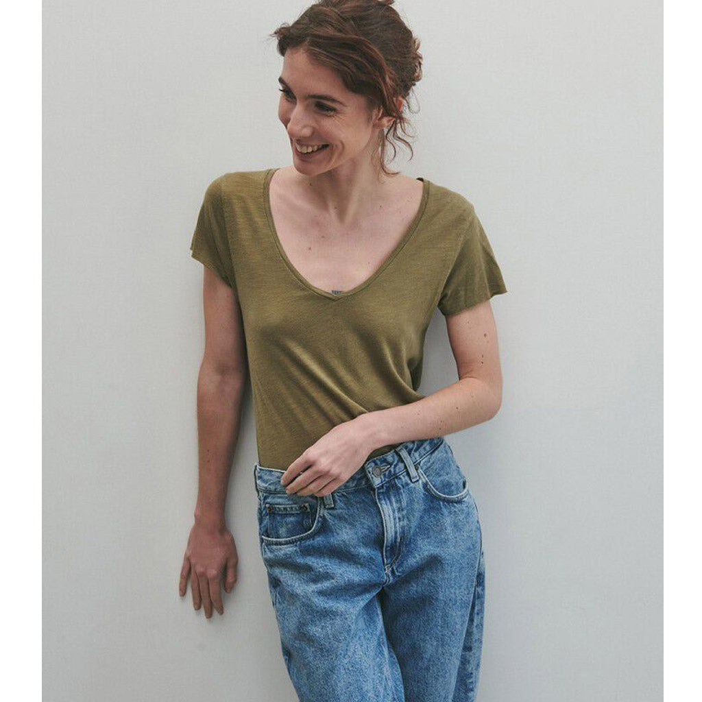 American Vintage Jacksonville V Neck Tee - Vintage Olive - Collector Store Sydney