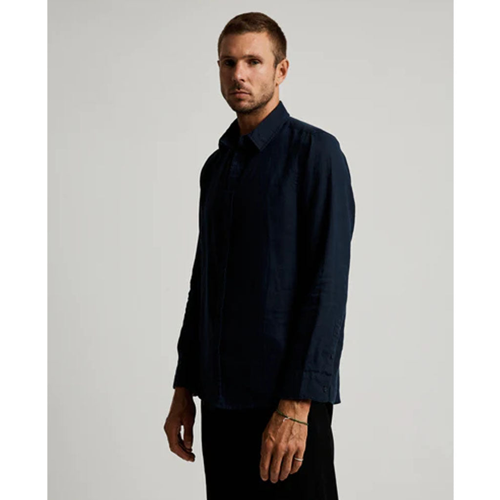Mr Simple Linen LS Shirt - Navy - Collector Store